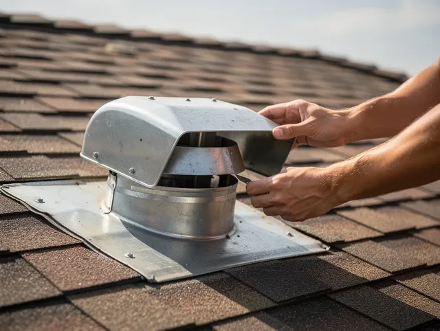 Acushnet Dryer Vent Cleaning certified technician safely cleaning a roof-mounted dryer vent in Acushnet