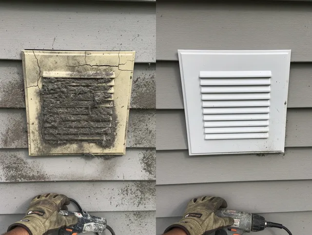 Acushnet Dryer Vent Cleaning technician installing high-quality dryer vent cover at a residential property in Acushnet
