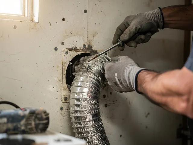 Acushnet Dryer Vent Cleaning technician performing precise dryer vent hose installation in Acushnet